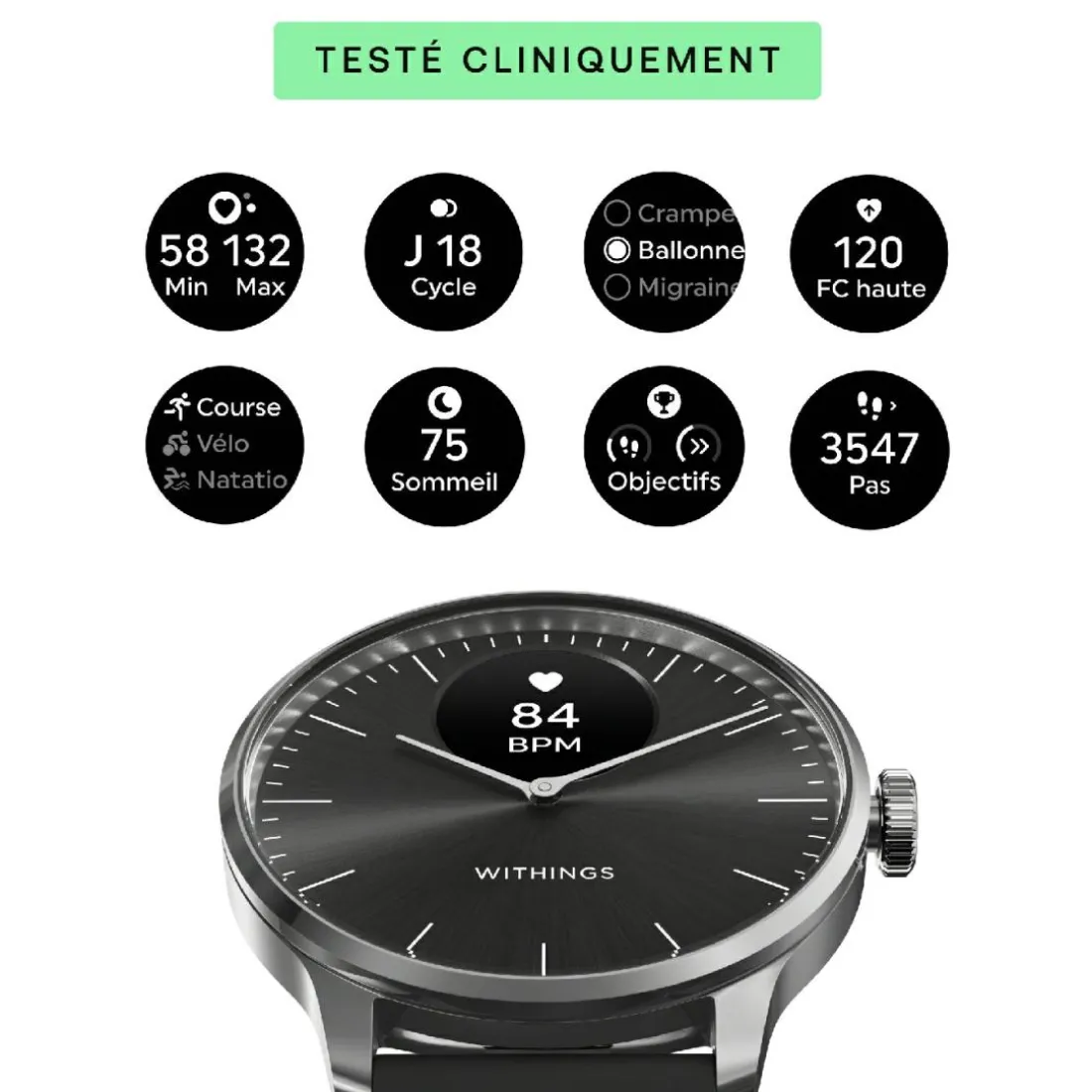 Montre de Santé Connecté Femme Withings Scanwatch Light - Wsw L Black Bracelet Caoutchouc Noir