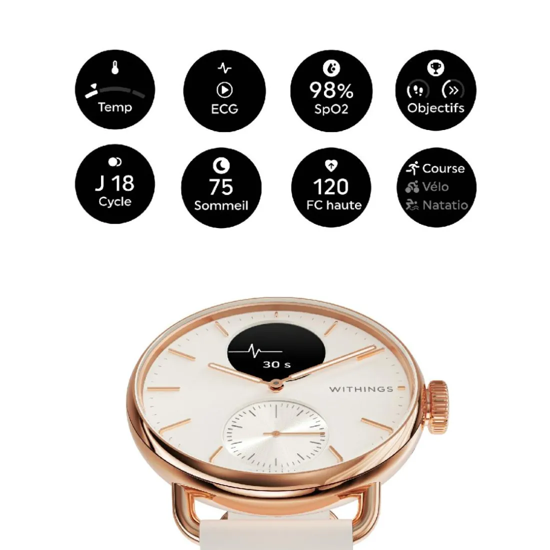 Montre de Santé Connecté Femme Withings Scanwatch 2 - Wsw 238 Rowhi Bracelet Caoutchouc Blanc
