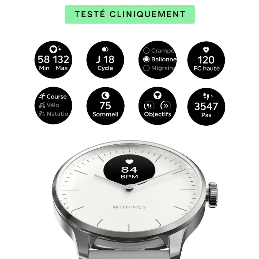 Montre de Santé Connecté Femme Withings Scanwatch Light - Wsw L White Bracelet Caoutchouc Gris