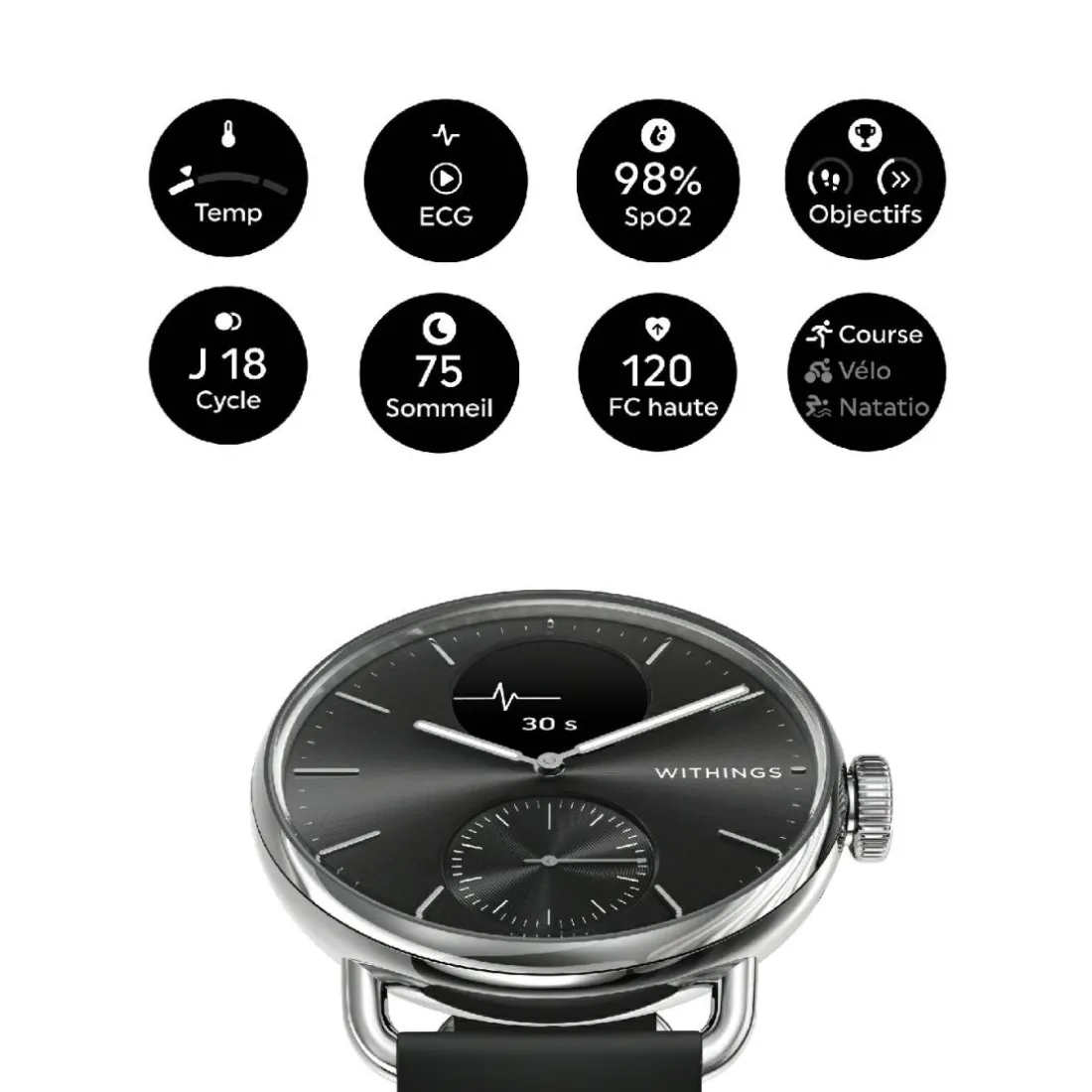 Montre de Santé Connecté Femme Withings Scanwatch 2 - Wsw 238 Black Bracelet Caoutchouc Noir