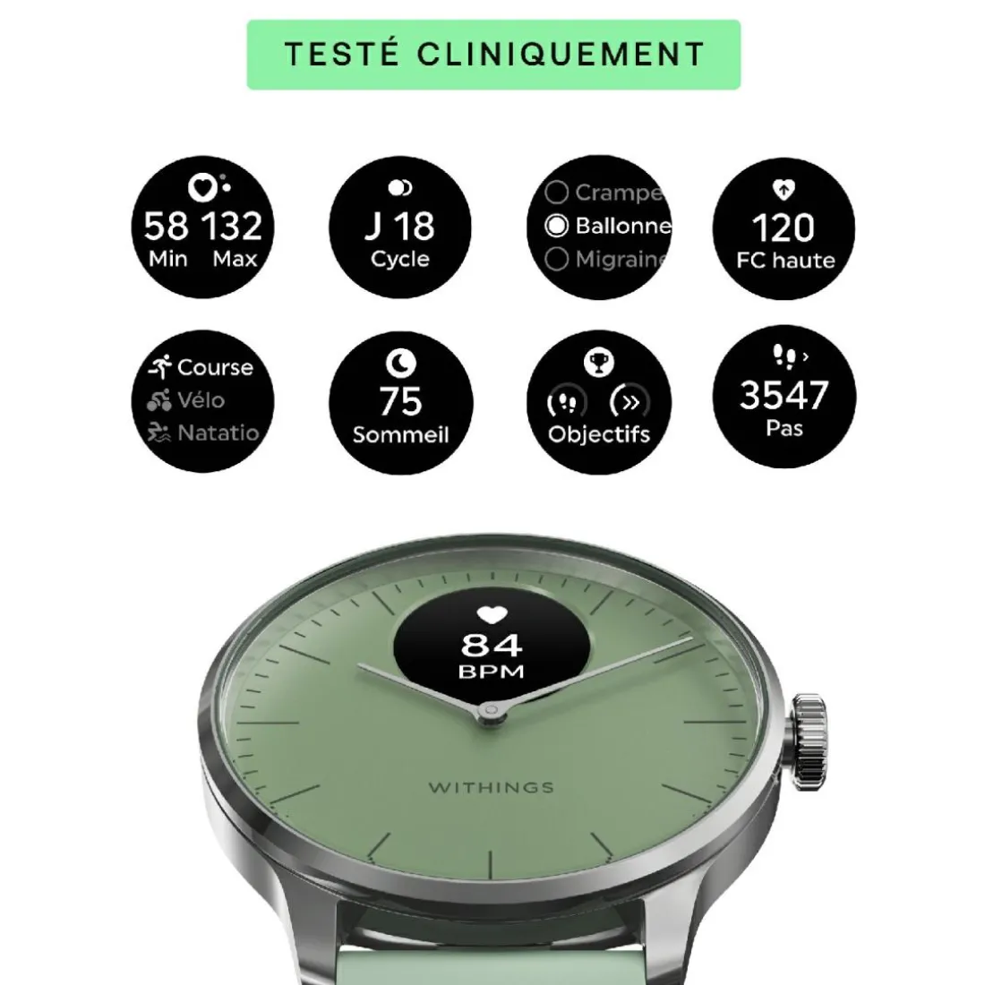 Montre de Santé Connecté Femme Withings Scanwatch Light - Wsw L Green Bracelet Caoutchouc Vert