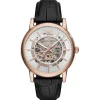 Montre Emporio Armani AR60007 - Montre Automatique Cuir Noir Boîtier Acier Doré Rose Cadran Blanc Homme