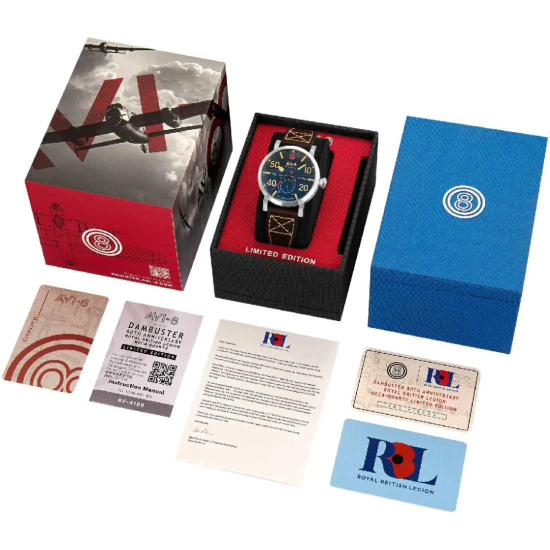 Montre Homme AVI-8 Dambuster 80Th Anniversary Royal British Legion Meca-Quatz Limited Edition - AV-4108-RBL-02 Bracelet Cuir Marron