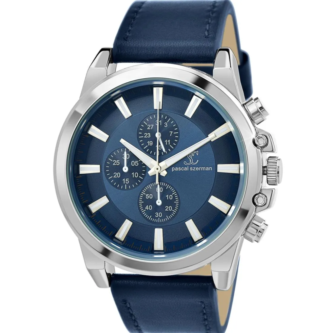 Montre homme quartz MH308-BLEU par Pascal Szerman acier et cuir bleu