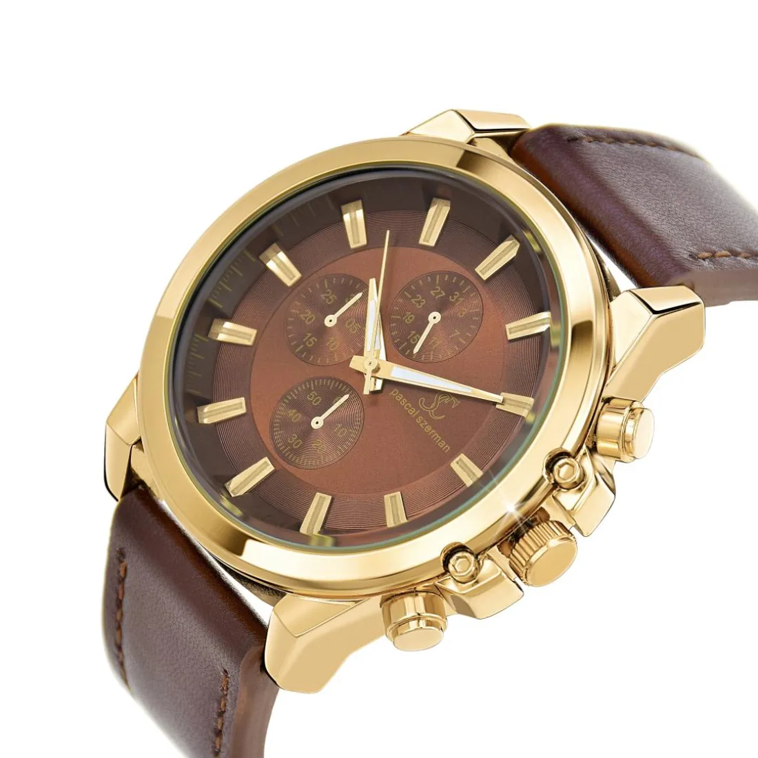 Montre homme quartz par Pascal Szerman dorée et marron