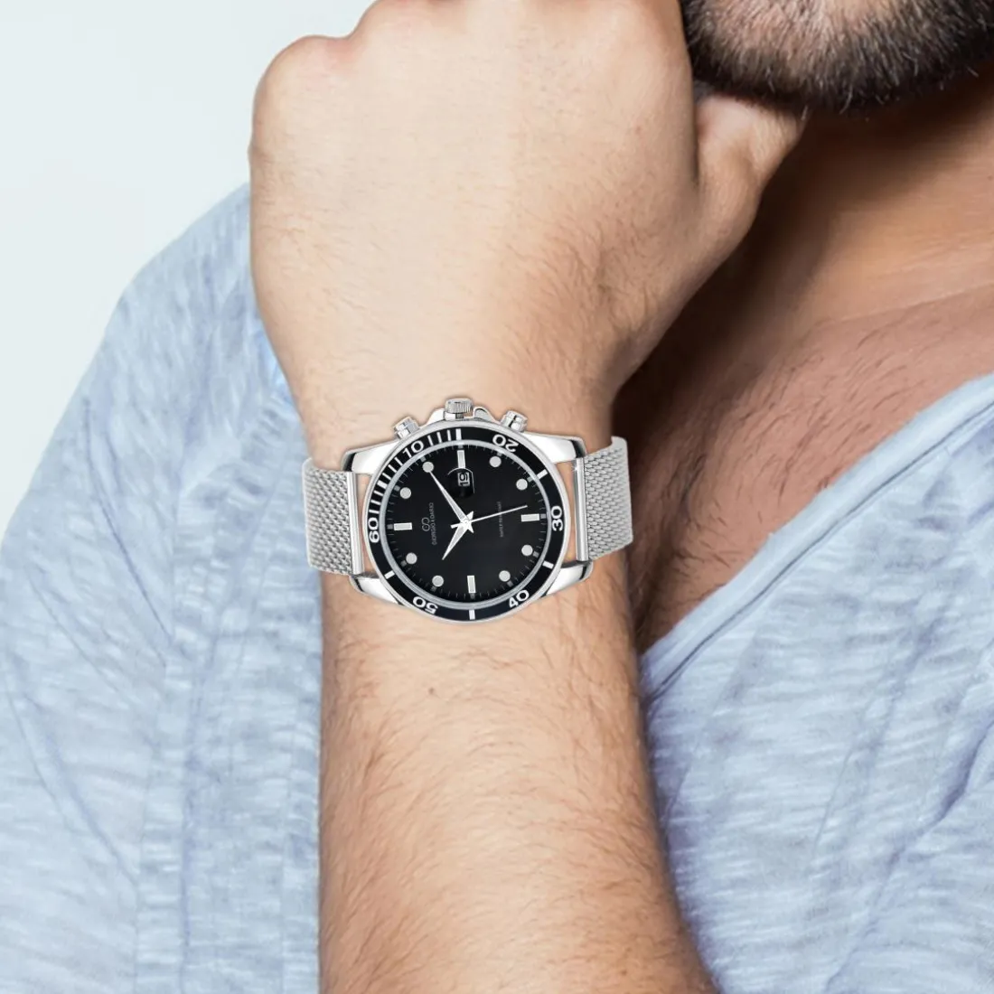 Montre homme quartz ronde acier et fond noir