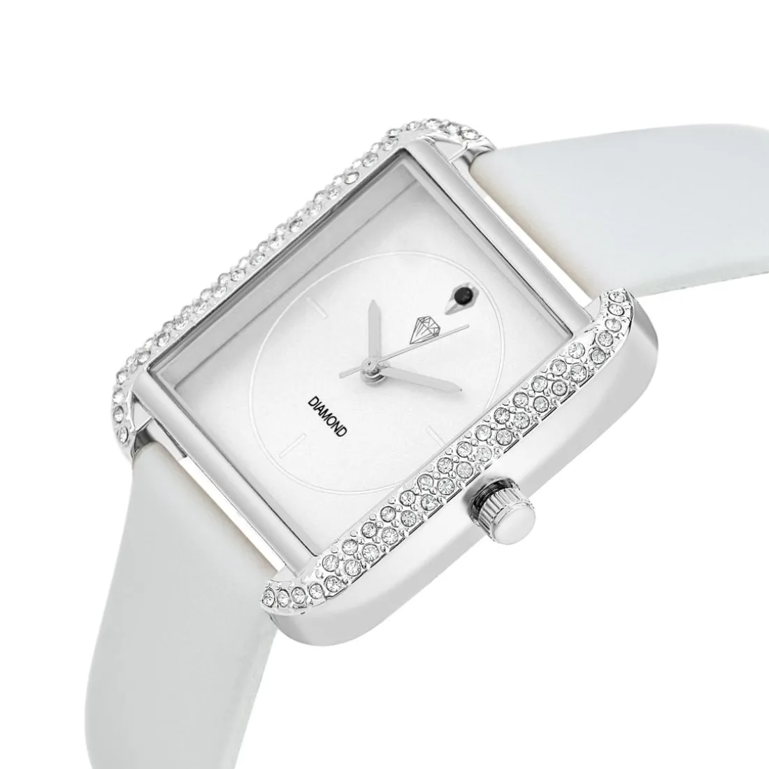 Montre Marwa blanche ornée d'un véritable diamant noir et de 72 Cristaux scintillants