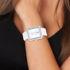 Montre Marwa blanche ornée d'un véritable diamant noir et de 72 Cristaux scintillants