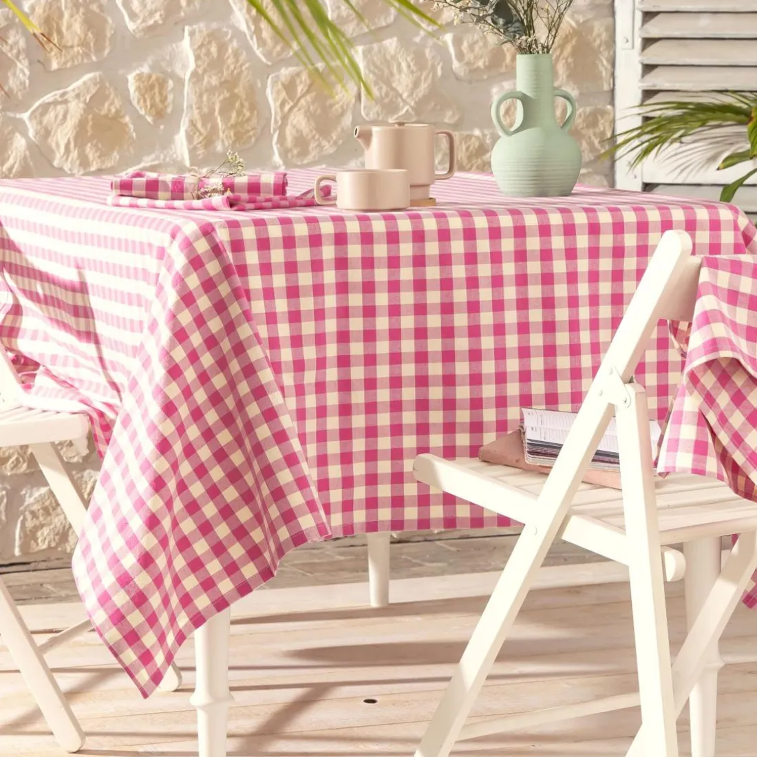 Nappe en coton DOULIANA vichy rose pivoine