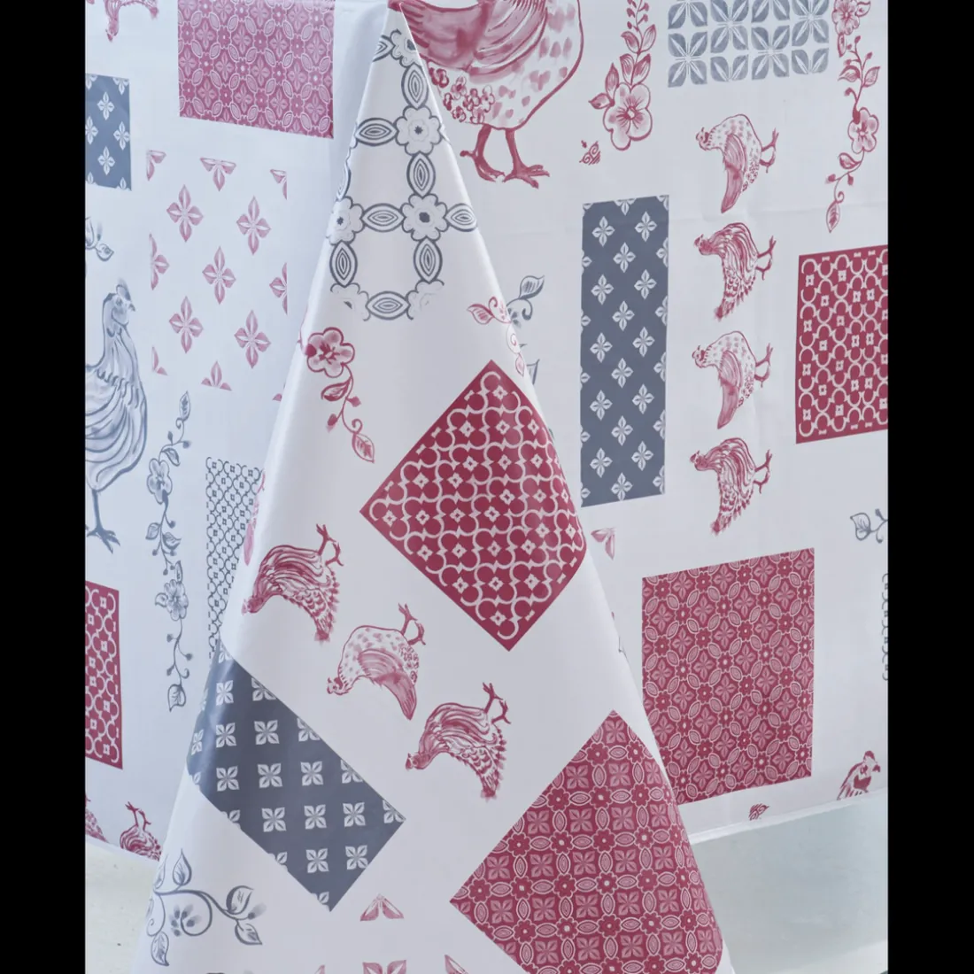 Nappe Rectangle Basse Cour Toile Ciree Gris/Rouge