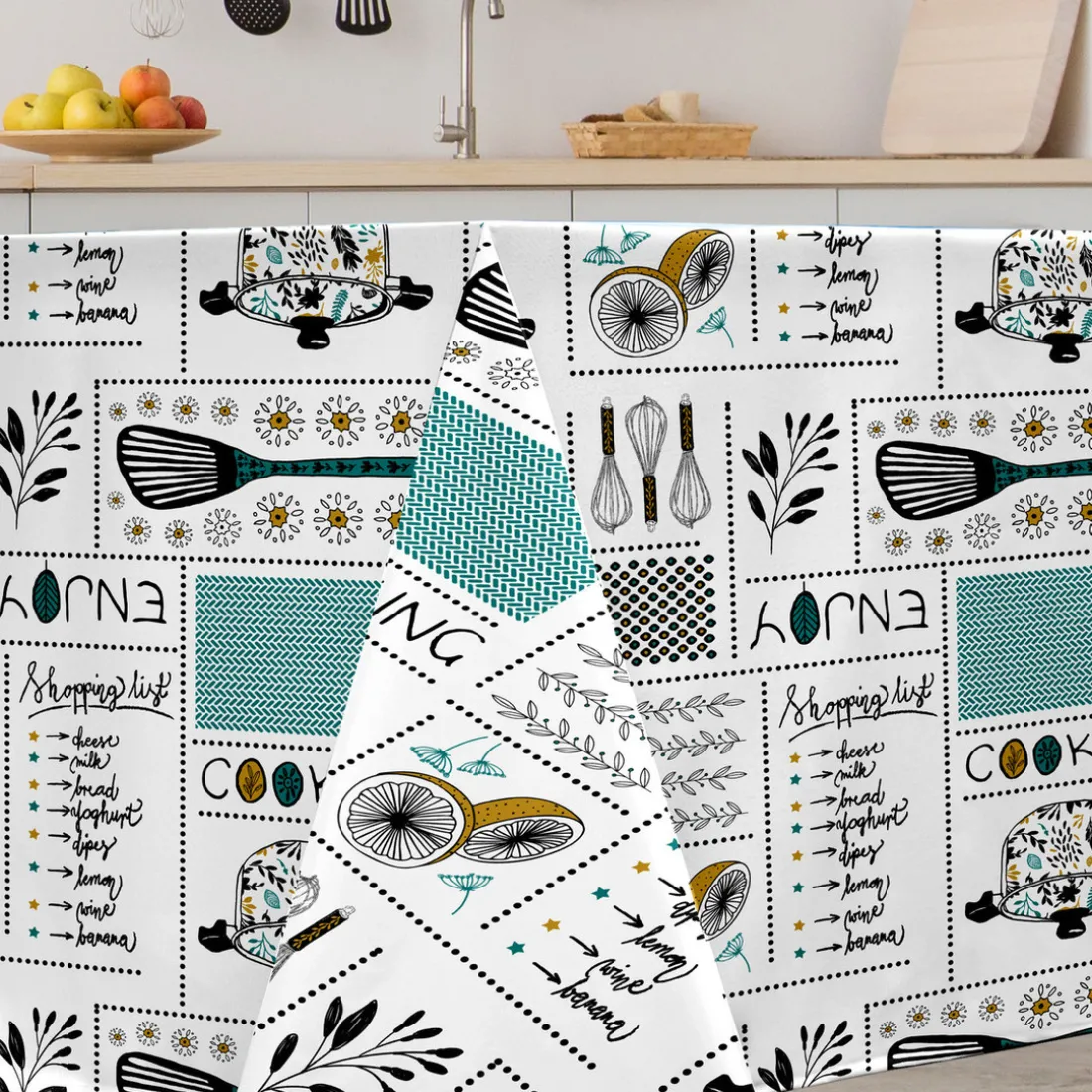 Nappe Rectangle Enjoy Cooking Toile Ciree Bleu