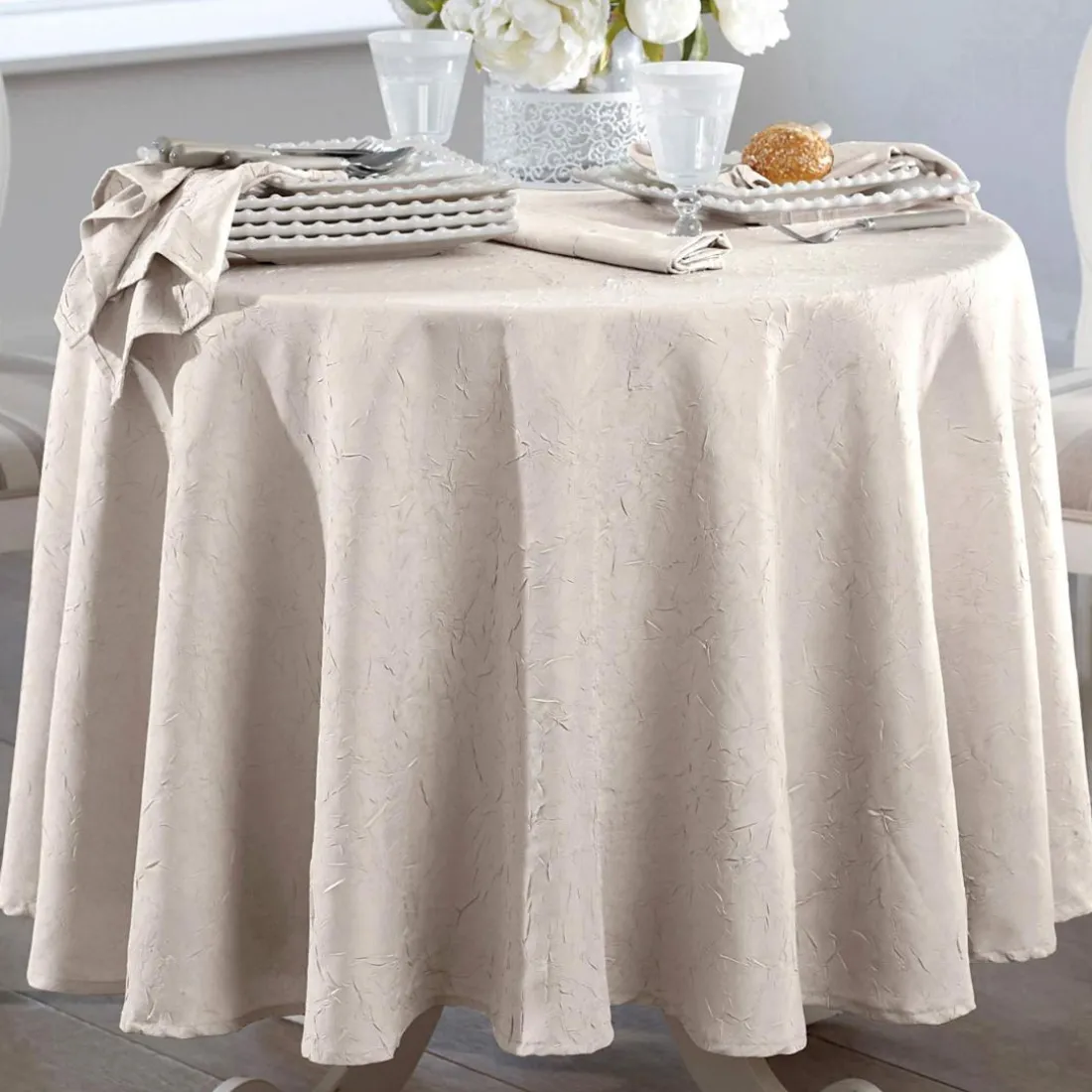 Nappe ronde en polyester FONTANA 180 øu froissé permanent beige chanvré