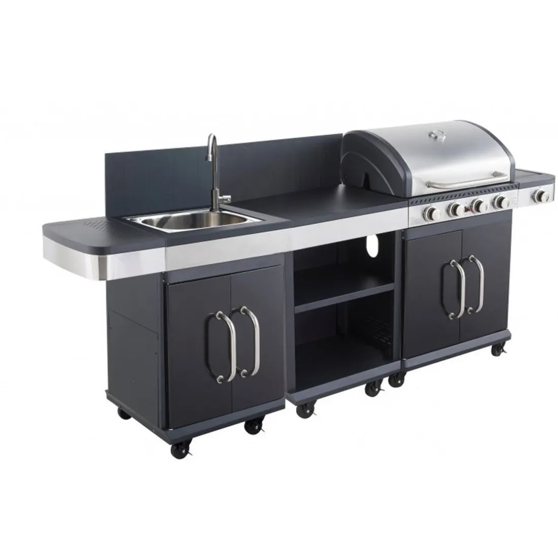 Pack Barbecue gaz FIDGI 4 Brûleurs avec desserte et évier avec Housse et Coffret 3 pièces aimantés