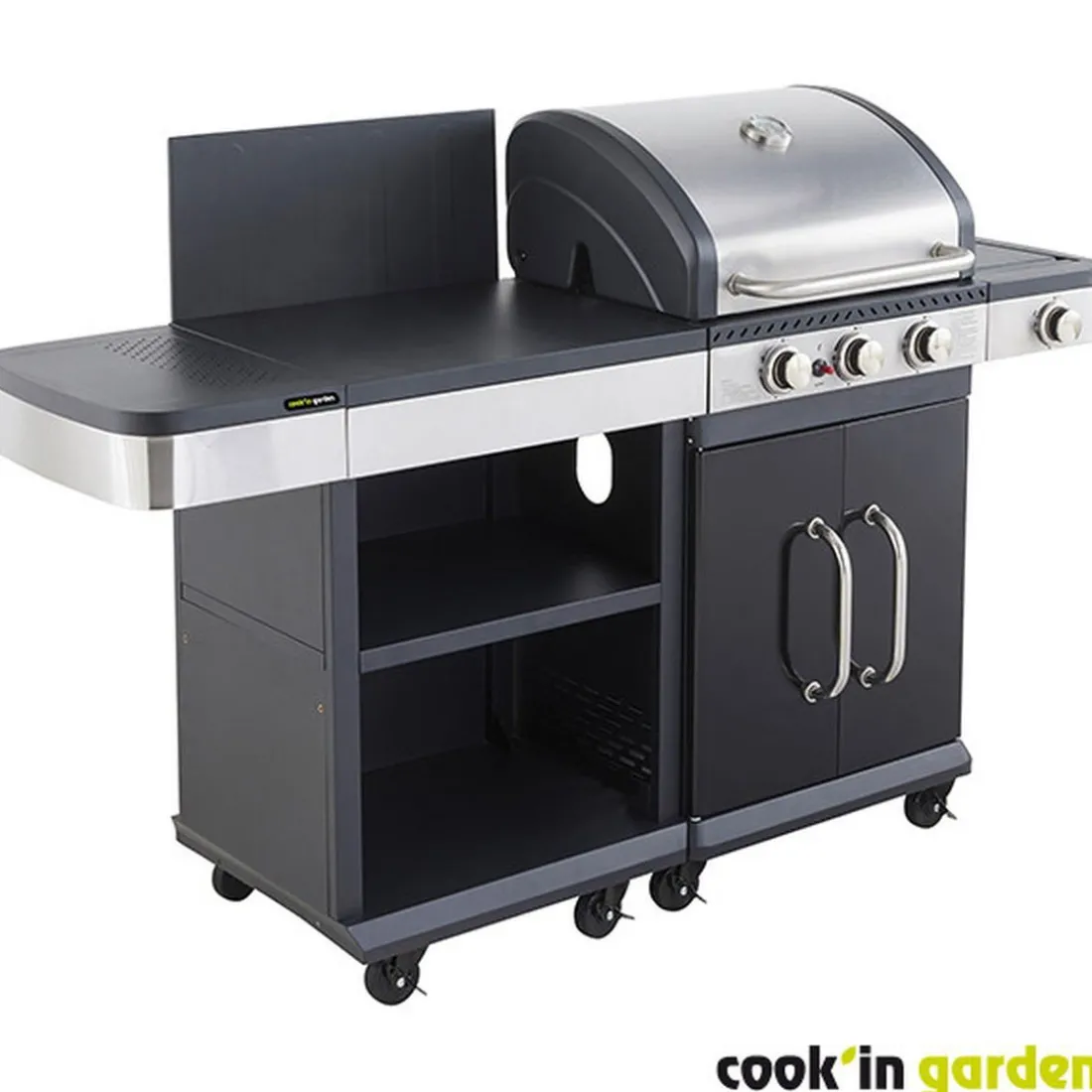 Pack Barbecue gaz FIDGI 3 Brûleurs, réchaud latéral et desserte avec Housse cuisine et Coffret 3 pièces aimantés