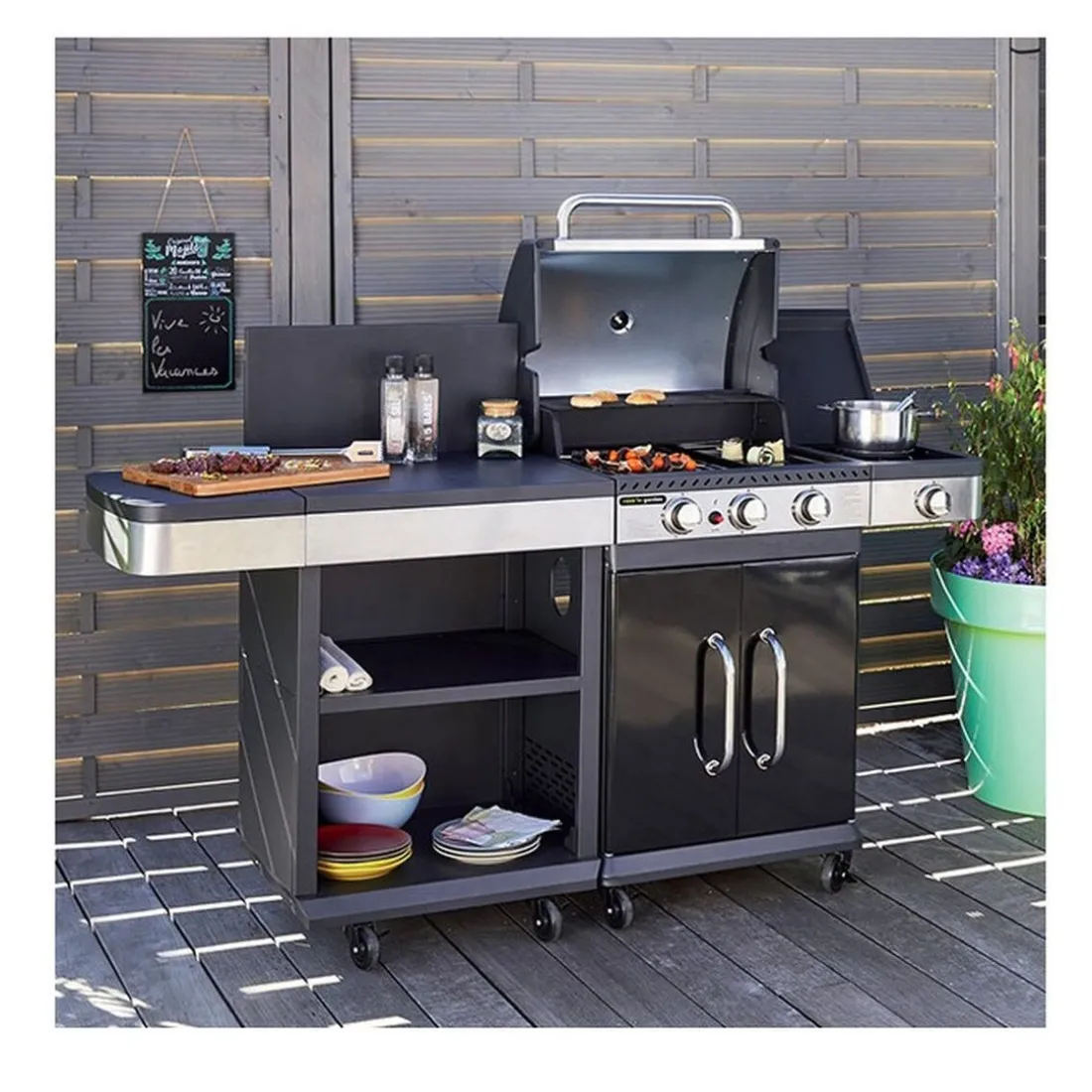 Pack Barbecue gaz FIDGI 3 Brûleurs, réchaud latéral et desserte avec Housse cuisine et Coffret 3 pièces aimantés