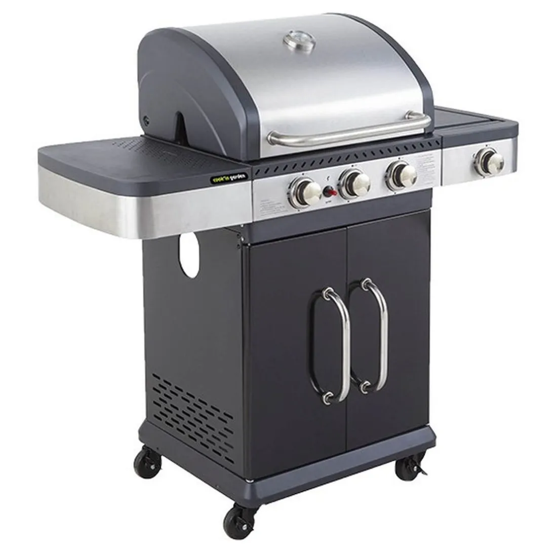 Pack Barbecue gaz FIDGI 3 Brûleurs, réchaud latéral et desserte avec Housse cuisine et Coffret 3 pièces aimantés