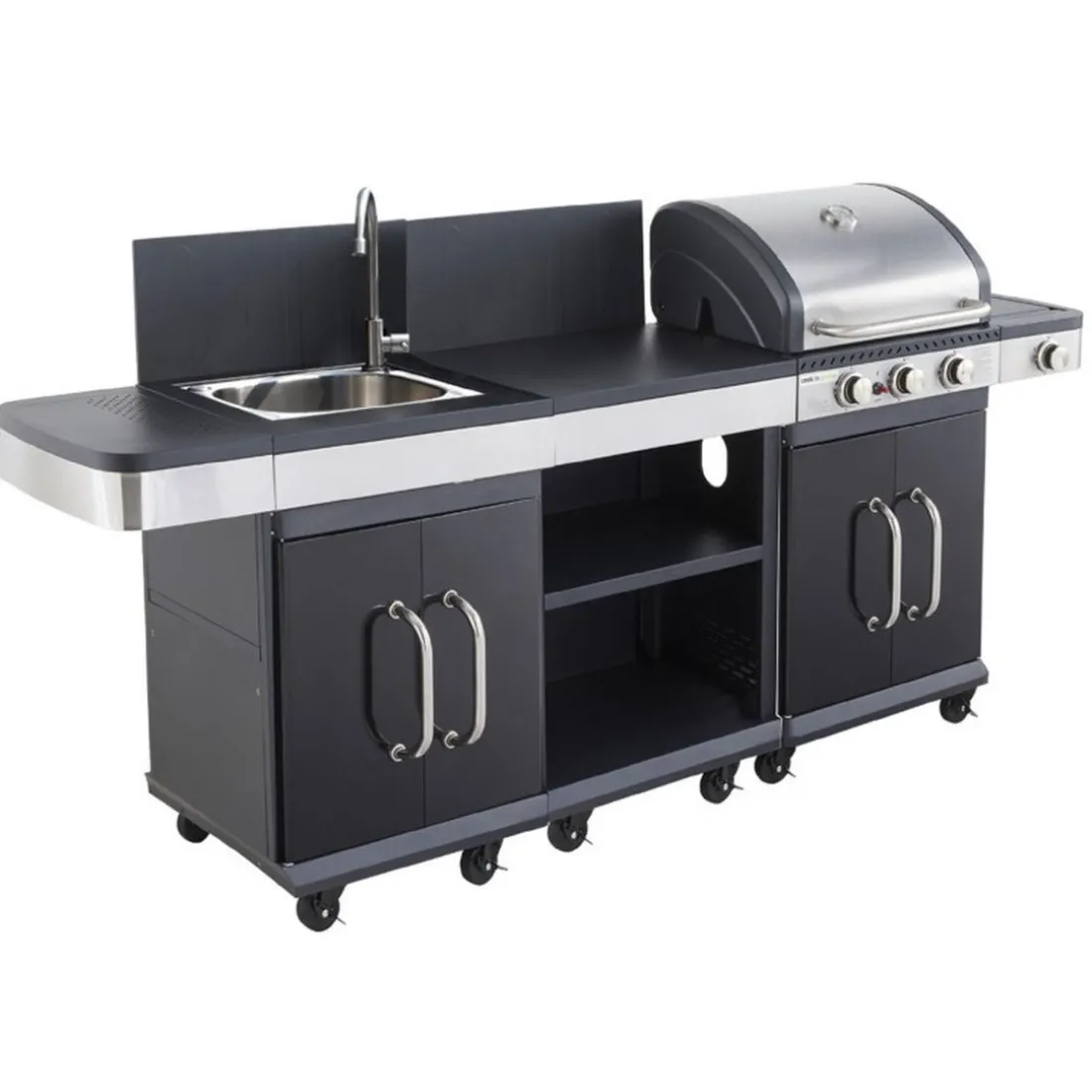 Pack Barbecue gaz FIDGI 3 Brûleurs avec desserte et évier avec Housse et Coffret 3 pièces aimantés