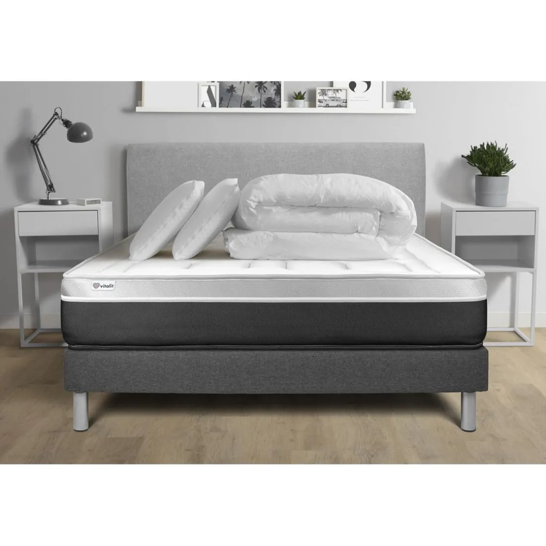 Pack prêt a dormir VITAL SOFT sommier Kit gris