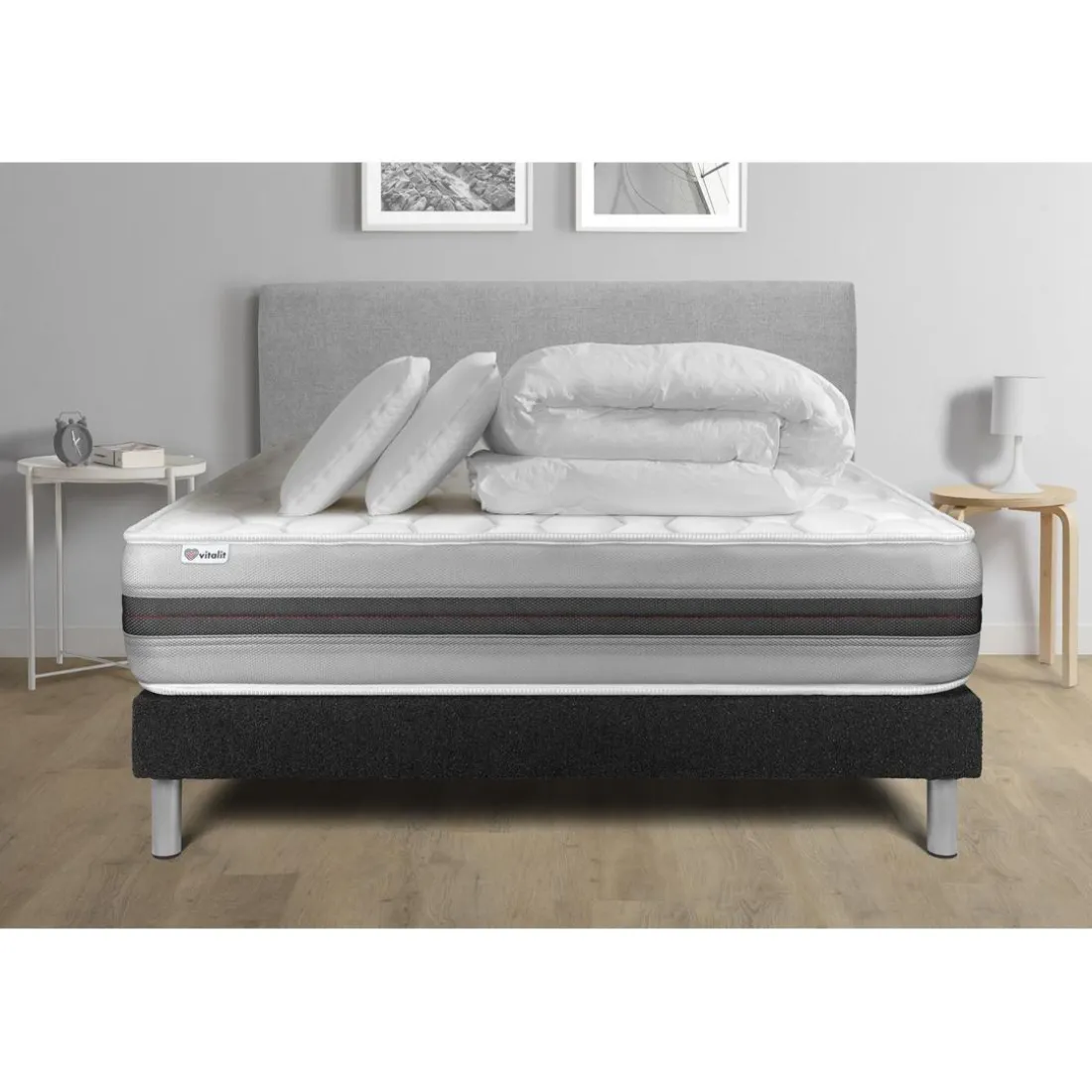 Pack prêt a dormir VITALSPRING RECOVER sommier Kit gris Foncé