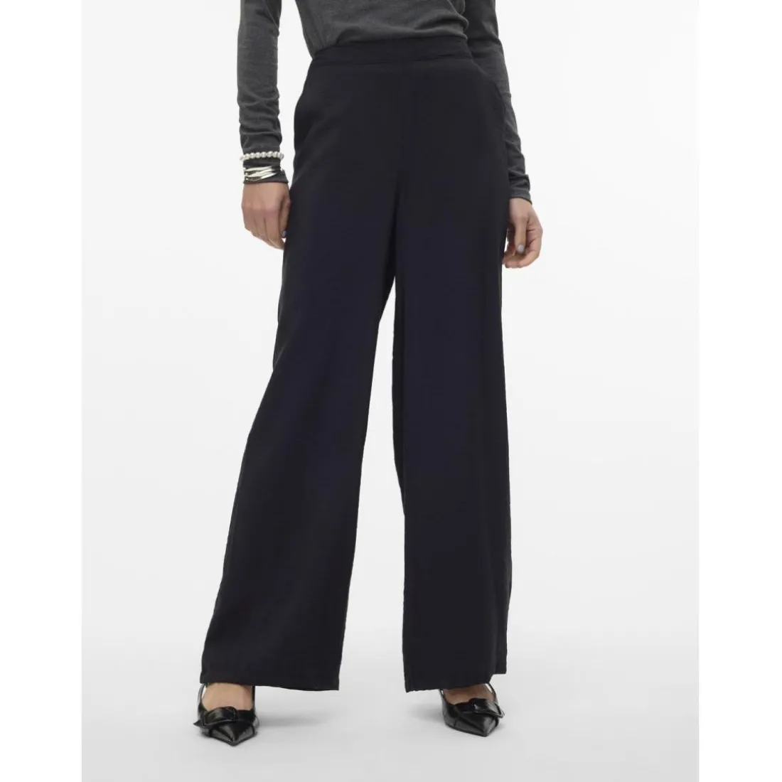 Pantalon à jambe large taille haute noir en viscose Elle