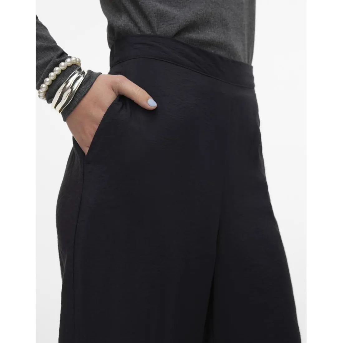 Pantalon à jambe large taille haute noir en viscose Elle