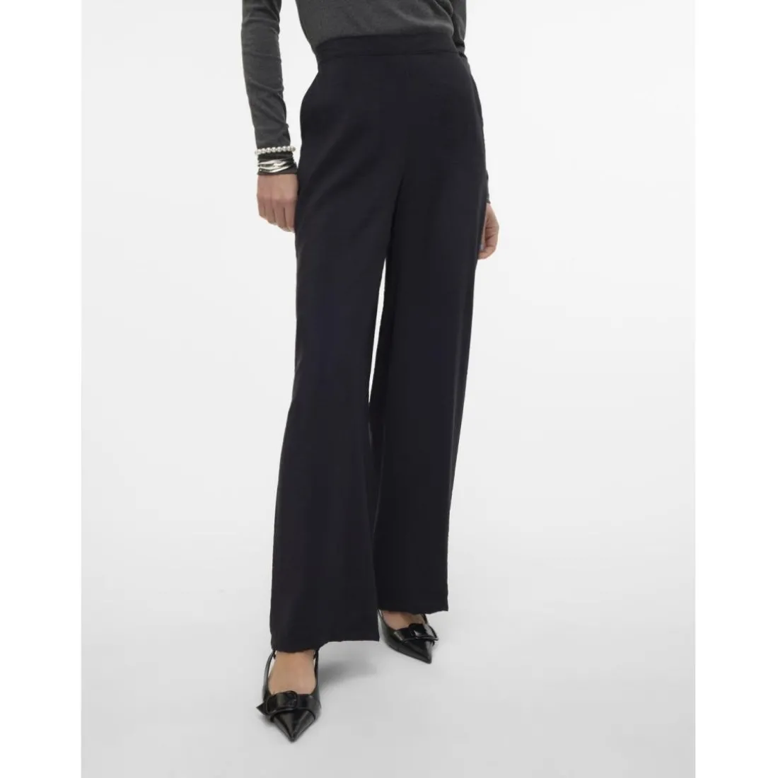 Pantalon à jambe large taille haute noir en viscose Elle