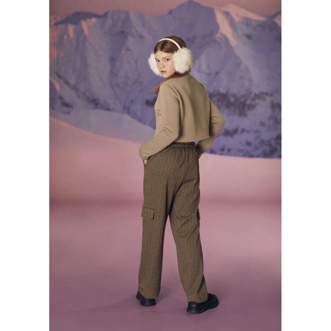 Pantalon fille, cargo Ruzenagi à motif pied de poule beige