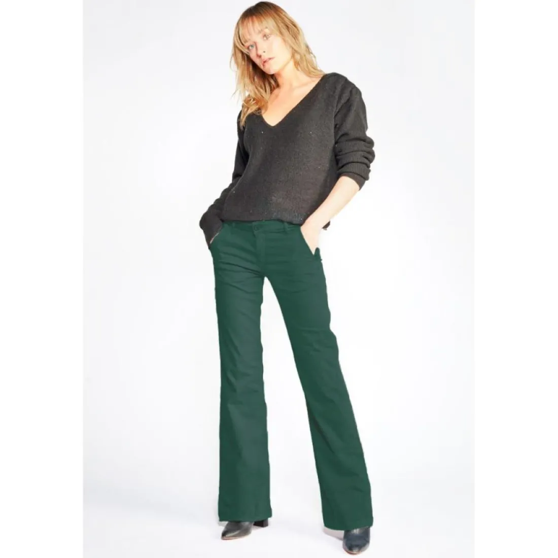 Pantalon Flare Joelle vert sapin en coton
