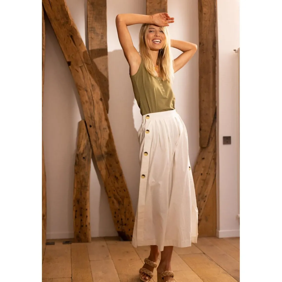 Pantalon large boutonnage coté écru Valère en coton