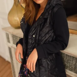 Parka matelassée bi-matière à capuche femme - Bleu Marine