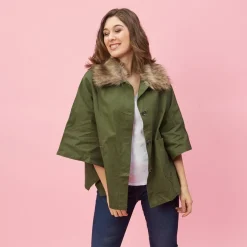 Parka poncho col chemise et boutons femme - Vert