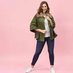 Parka poncho col chemise et boutons femme - Vert