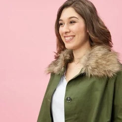 Parka poncho col chemise et boutons femme - Vert