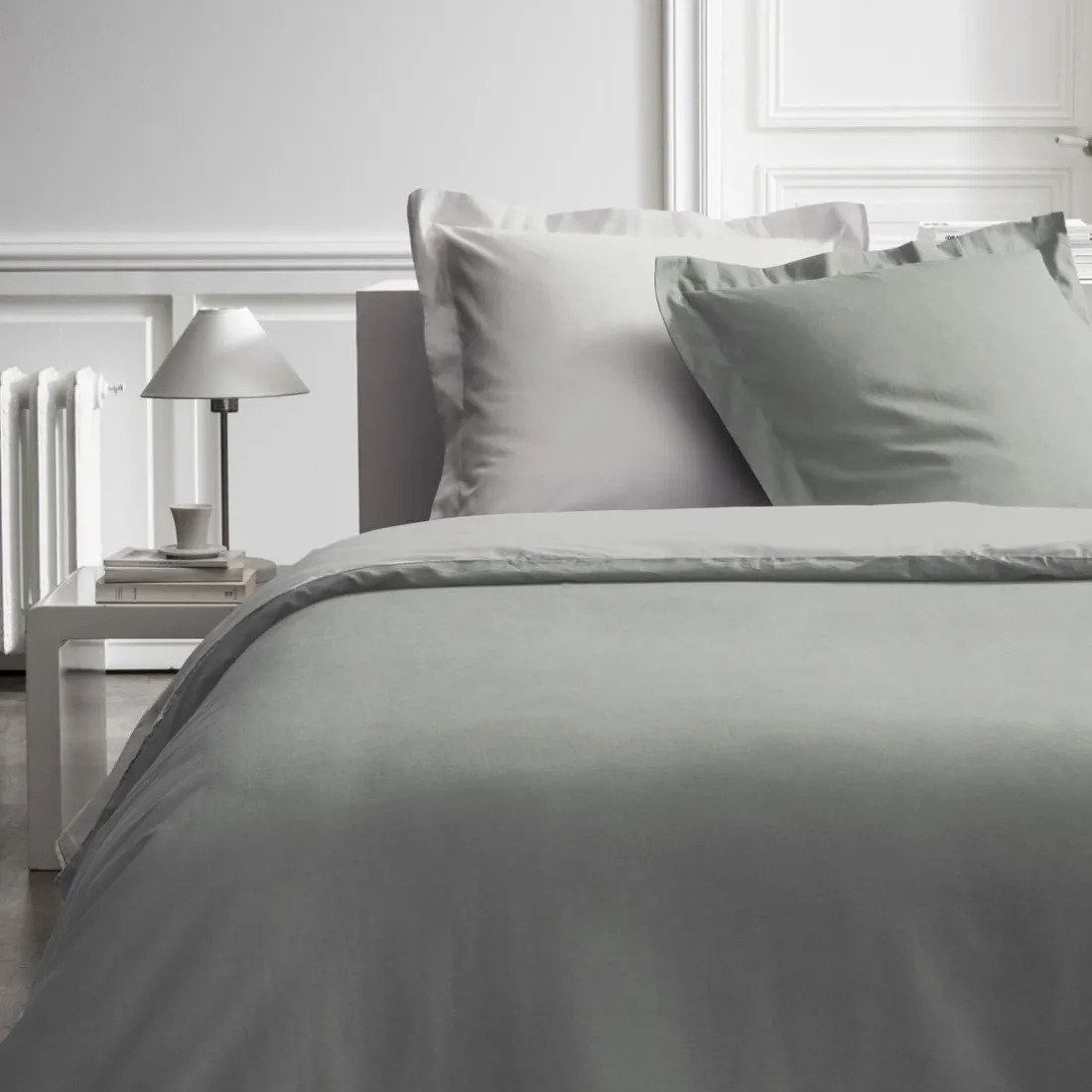 Parure de lit Housse de couette en Percale de coton BICOLORE Dune / Sauge