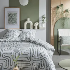 Parure Housse de couette vert kaki et blanc 240 x 220 cm+ 2 taies d'oreiller 63x63cm volant, blanc