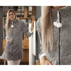 Peignoir d'intérieur uni et pompons femme-gris chiné