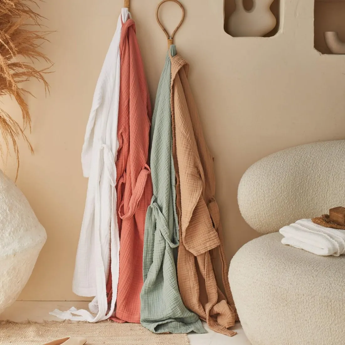 Peignoir uni en gaze de coton Beige