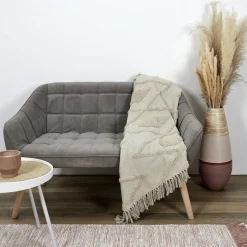 Plaid Ethnique Relief Losange Ecru en coton