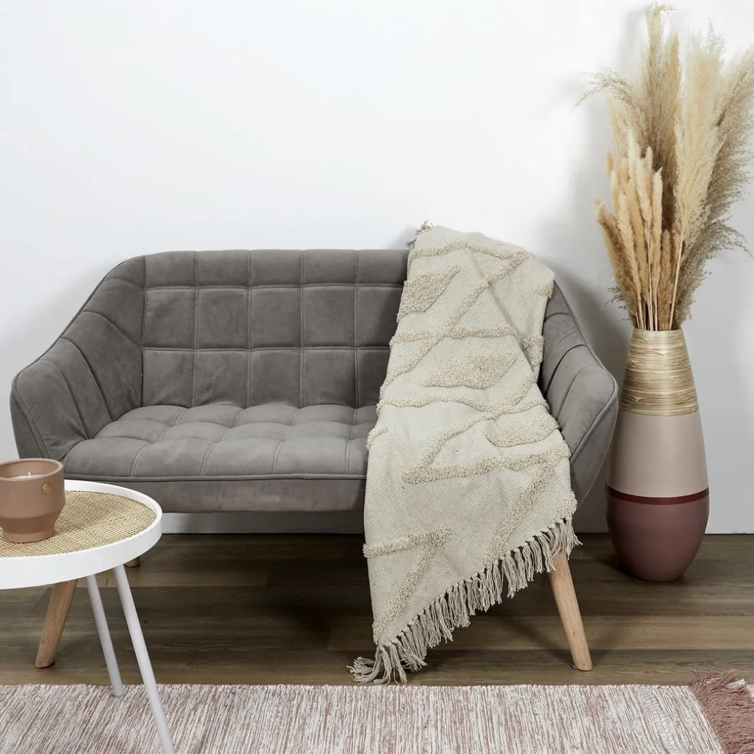 Plaid Ethnique Relief Losange Ecru en coton