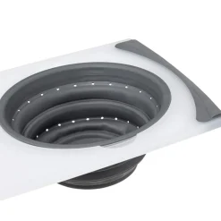 Planche à découper avec passoir retractable en plastique et silicone