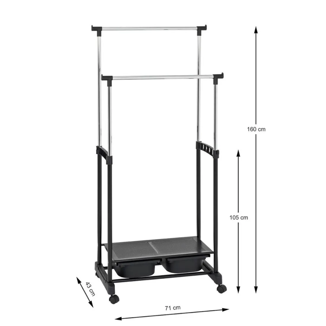 Portant à vetement sur roulettes double tringle métal et plastique