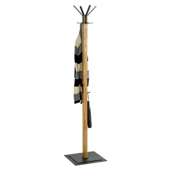 Porte manteau en bois crochets et pied métal noir