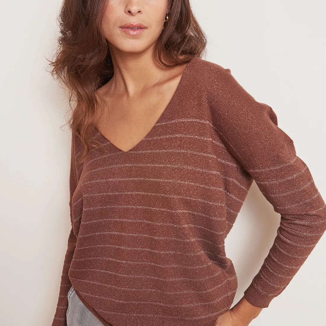 Pull chocolat à rayures marron