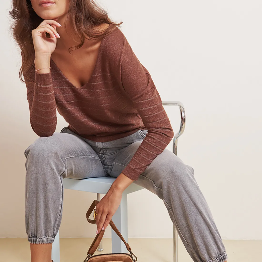 Pull chocolat à rayures marron