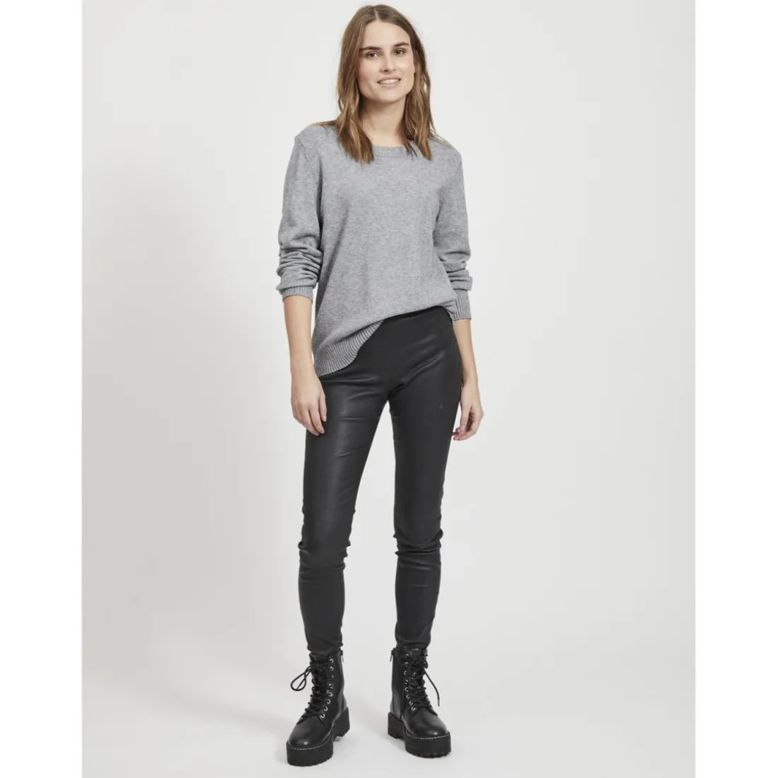 Pull col rond poignets côtelés gris en viscose Leah