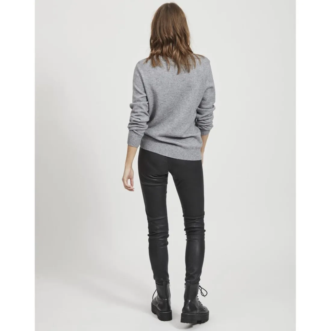 Pull col rond poignets côtelés gris en viscose Leah