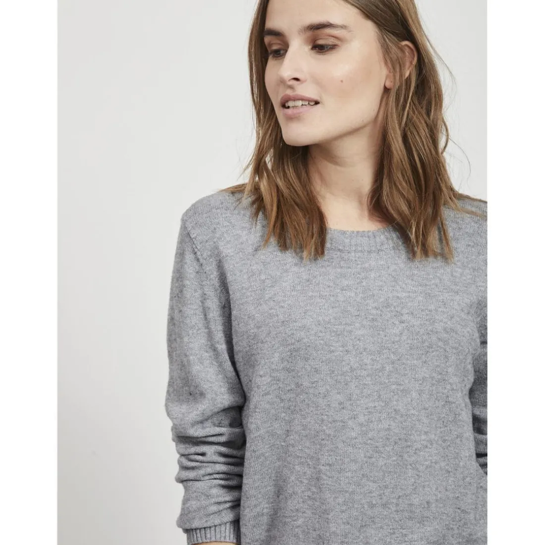 Pull col rond poignets côtelés gris en viscose Leah