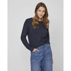 Pull col rond poignets côtelés bleu en viscose Julia