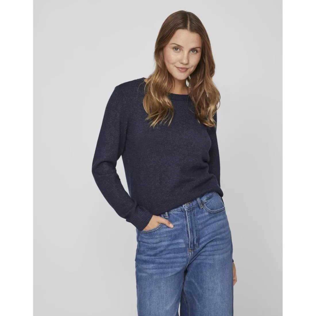 Pull col rond poignets côtelés bleu en viscose Julia