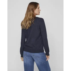Pull col rond poignets côtelés bleu en viscose Julia